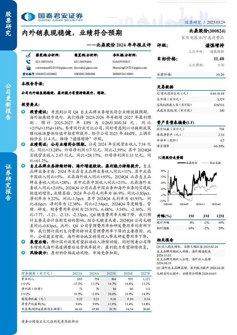 北鼎股份(300824)2024年年报点评：内外销表现稳健，业绩符合预期-国泰君安[蔡雯娟,樊夏俐,李汉颖]-20250329【7页】