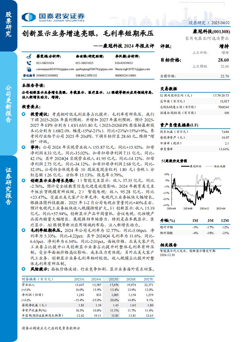 康冠科技(001308)2024年报点评：创新显示业务增速亮眼，毛利率短期承压-国泰君安[蔡雯娟,李汉颖]-20250402【6页】