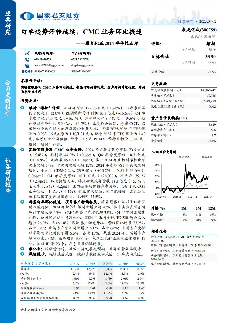 康龙化成(300759)2024年年报点评：订单趋势好转延续，CMC业务环比提速-国泰君安[吴晗,丁丹]-20250402【4页】