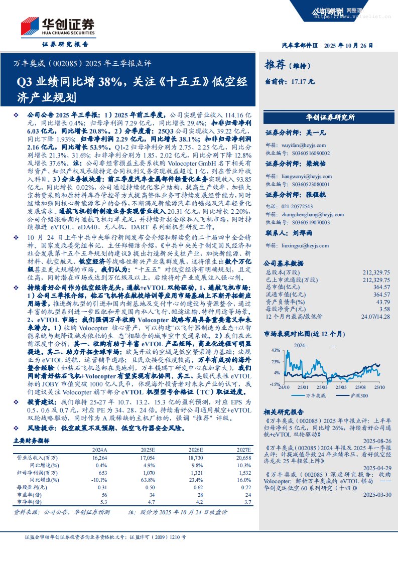 万丰奥威(002085)2025年三季报点评：Q3业绩同比增38%，关注《十五五》低空经济产业规划-华创证券[吴一凡,梁婉怡,张程航]-20251026【6页】