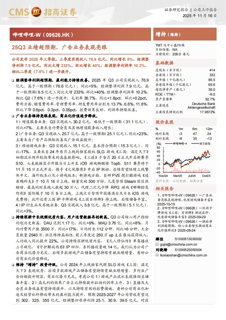 哔哩哔哩-W(09626.HK)25Q3业绩超预期，广告业务表现亮眼-招商证券[顾佳,刘晓珊]-20251116【4页】
