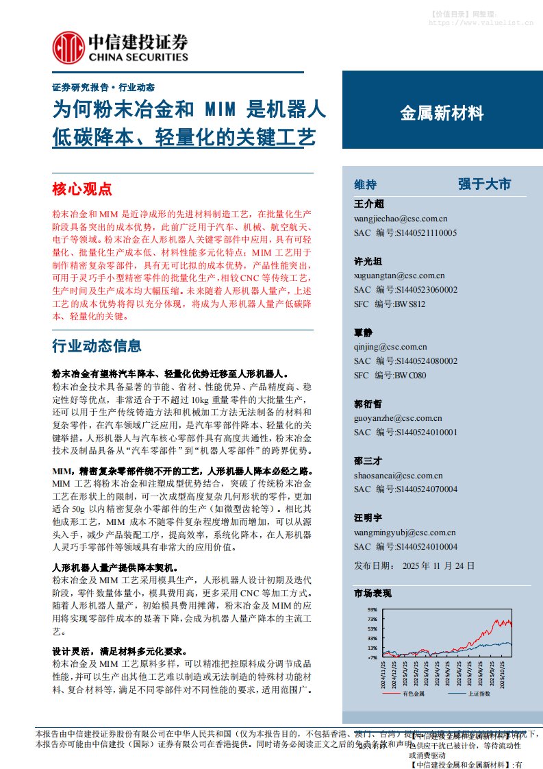 有色金属-金属新材料行业：为何粉末冶金和MIM是机器人低碳降本、轻量化的关键工艺-中信建投[王介超,许光坦,覃静]-20251124【14页】