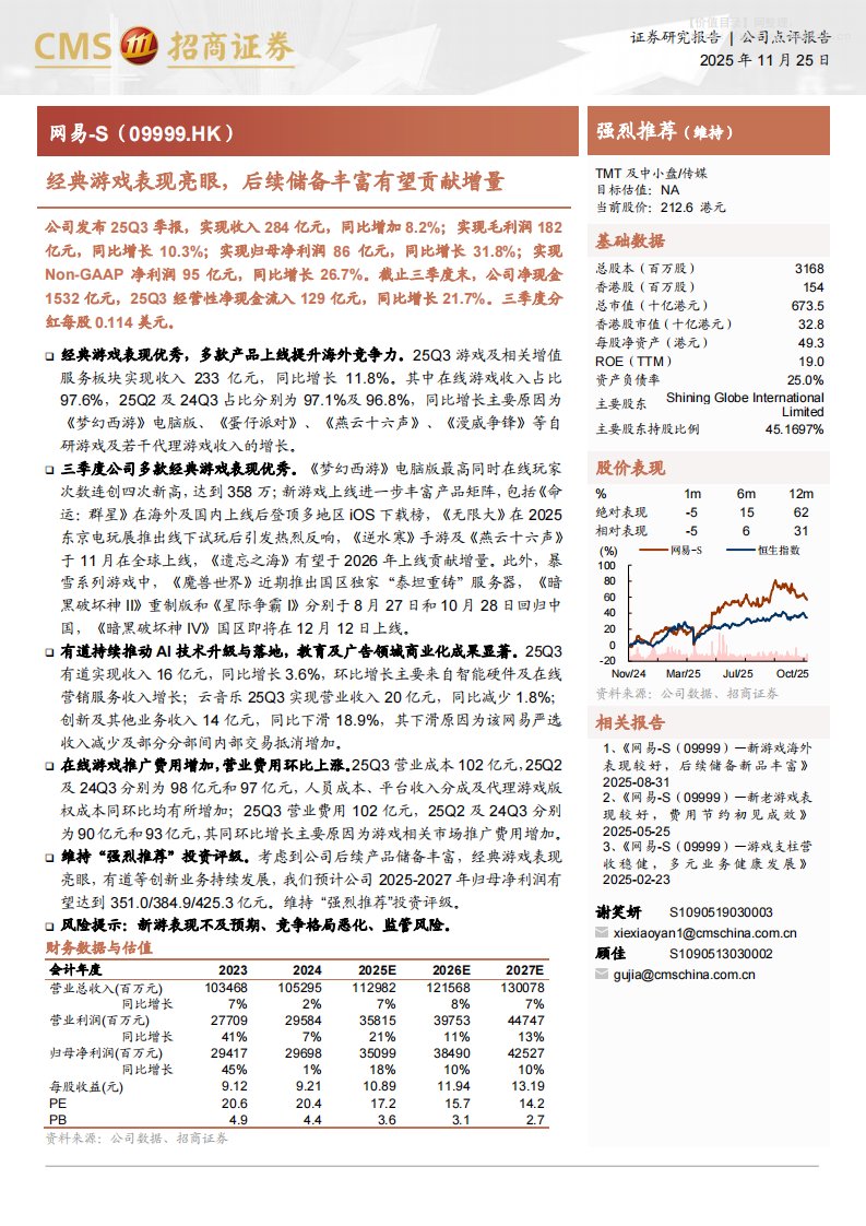 网易-S(09999.HK)经典游戏表现亮眼，后续储备丰富有望贡献增量-招商证券[谢笑妍,顾佳]-20251125【3页】