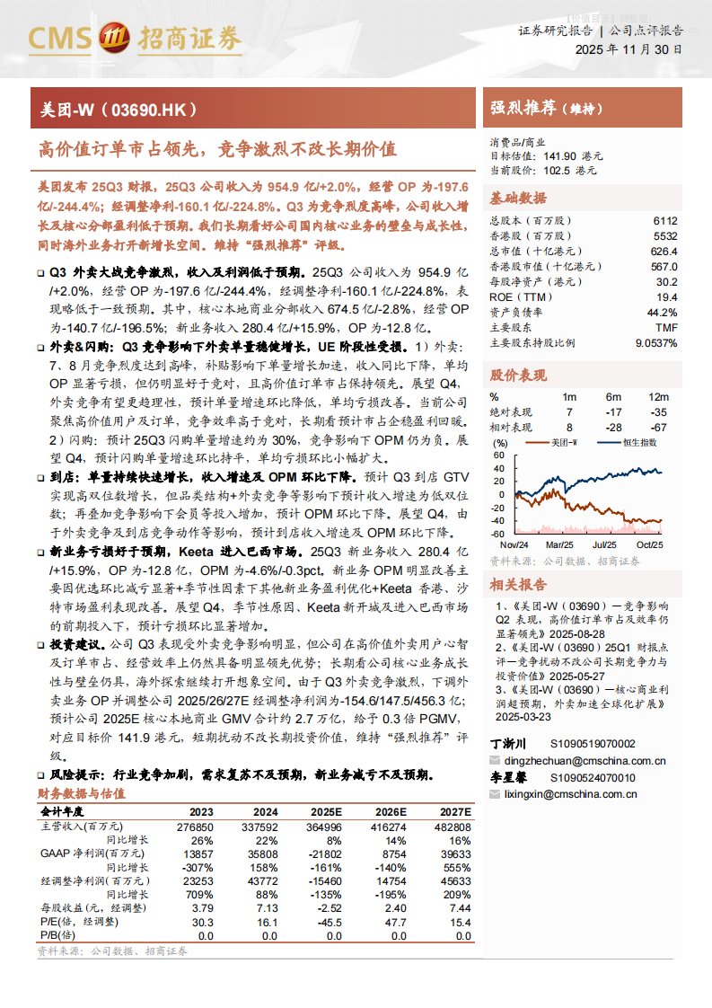 美团-W(03690.HK)高价值订单市占领先，竞争激烈不改长期价值-招商证券[丁浙川,李星馨]-20251130【3页】