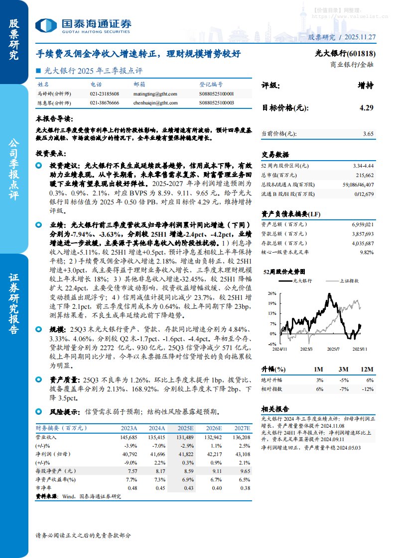 光大银行(601818)2025年三季报点评：手续费及佣金净收入增速转正，理财规模增势较好-国泰海通证券[马婷婷,陈惠琴]-20251127【4页】