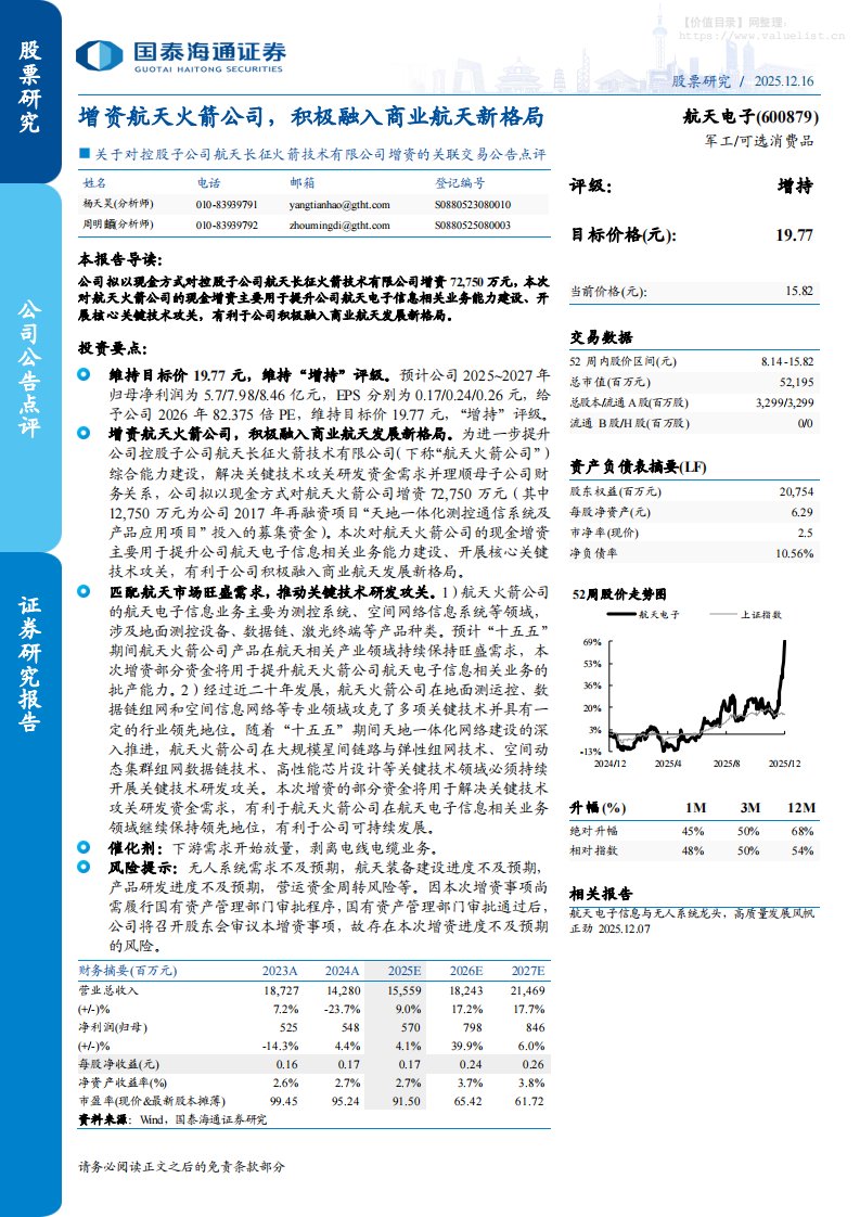 航天电子(600879)关于对控股子公司航天长征火箭技术有限公司增资的关联交易公告点评：增资航天火箭公司，积极融入商业航天新格局-国泰海通证券[杨天昊,周明頔]-20251216【5页】