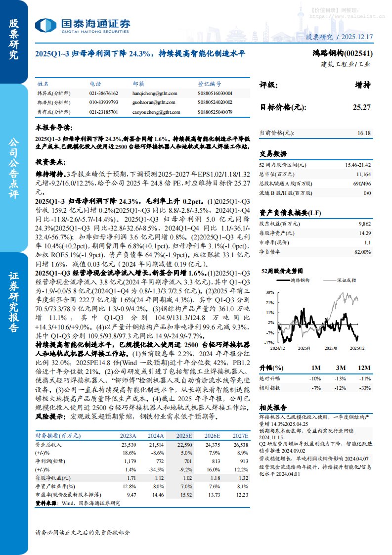 鸿路钢构(002541)2025Q1-3归母净利润下降24.3%，持续提高智能化制造水平-国泰海通证券[韩其成,郭浩然,曹有成]-20251217【5页】