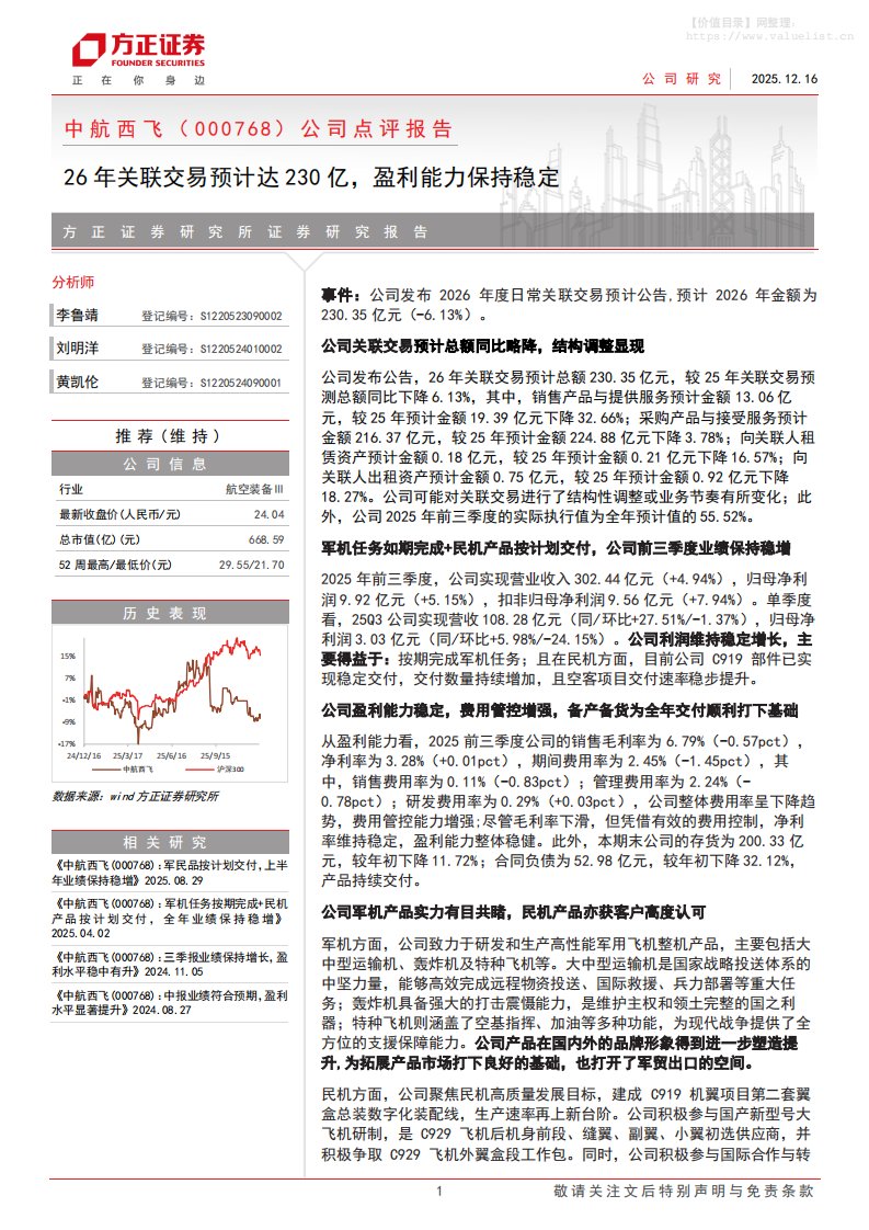 中航西飞(000768)公司点评报告：26年关联交易预计达230亿，盈利能力保持稳定-方正证券[李鲁靖,刘明洋,黄凯伦]-20251216【4页】
