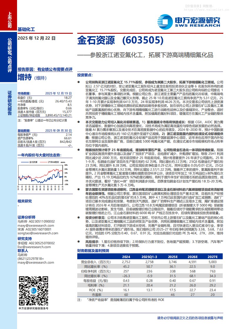 金石资源(603505)参股浙江诺亚氟化工，拓展下游高端精细氟化品-申万宏源[马昕晔,宋涛]-20251222【3页】