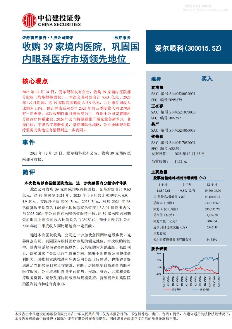 爱尔眼科(300015)收购39家境内医院，巩固国内眼科医疗市场领先地位-中信建投[袁清慧,王在存,吴严]-20251225【7页】